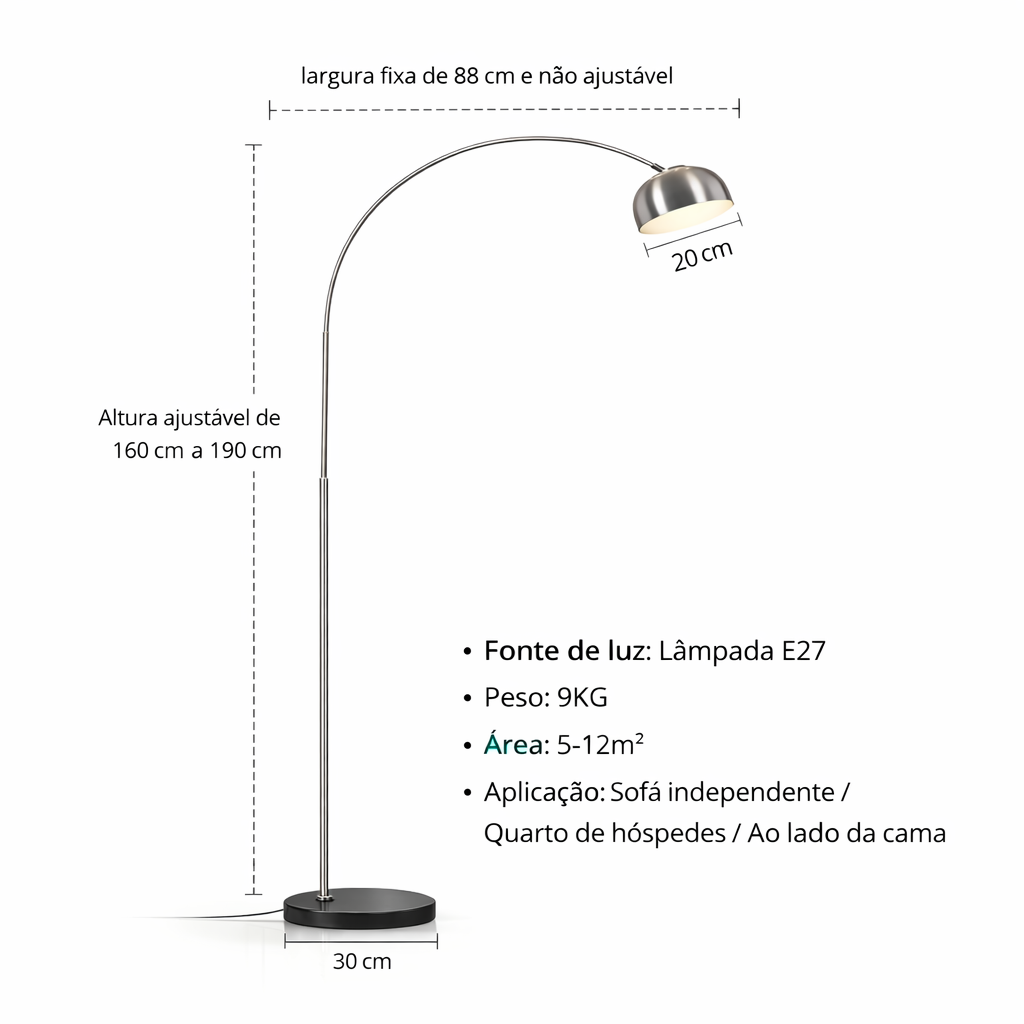 Luminária de Chão Arco Inox com Cúpula Metálica TG